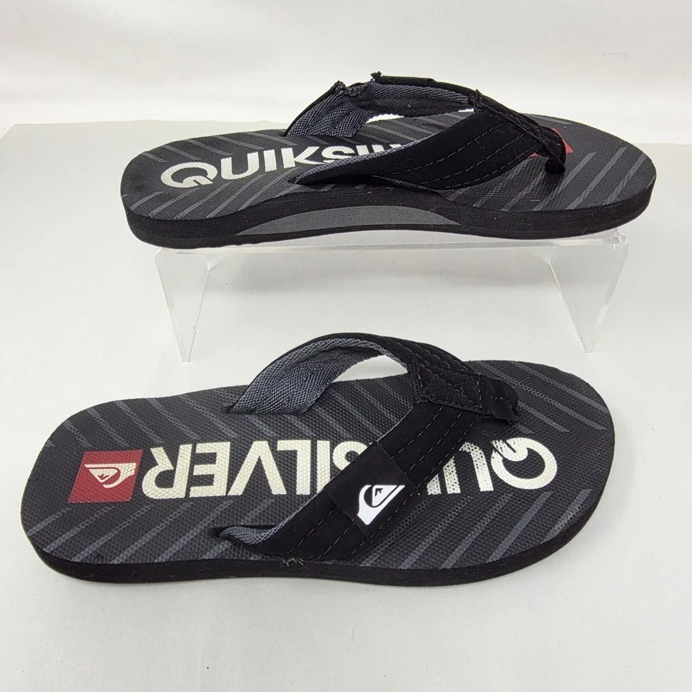 Quiksilver Flip Flop Sandals Mens 8.5 Black Grey Logo Thong Beach Shoes Fair